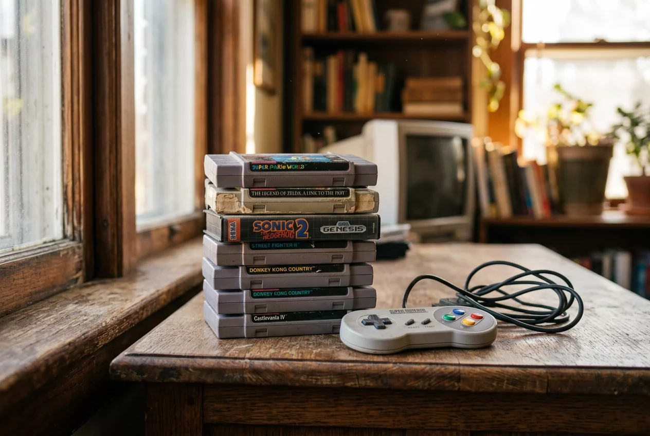 Vintage game cartridges and schoolyard setting